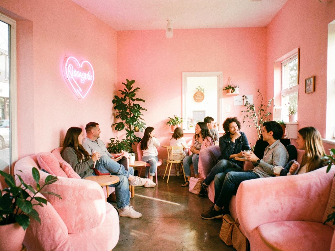 Pink cafe interior with a neon heart sign, plush pink armchairs and friends chatting