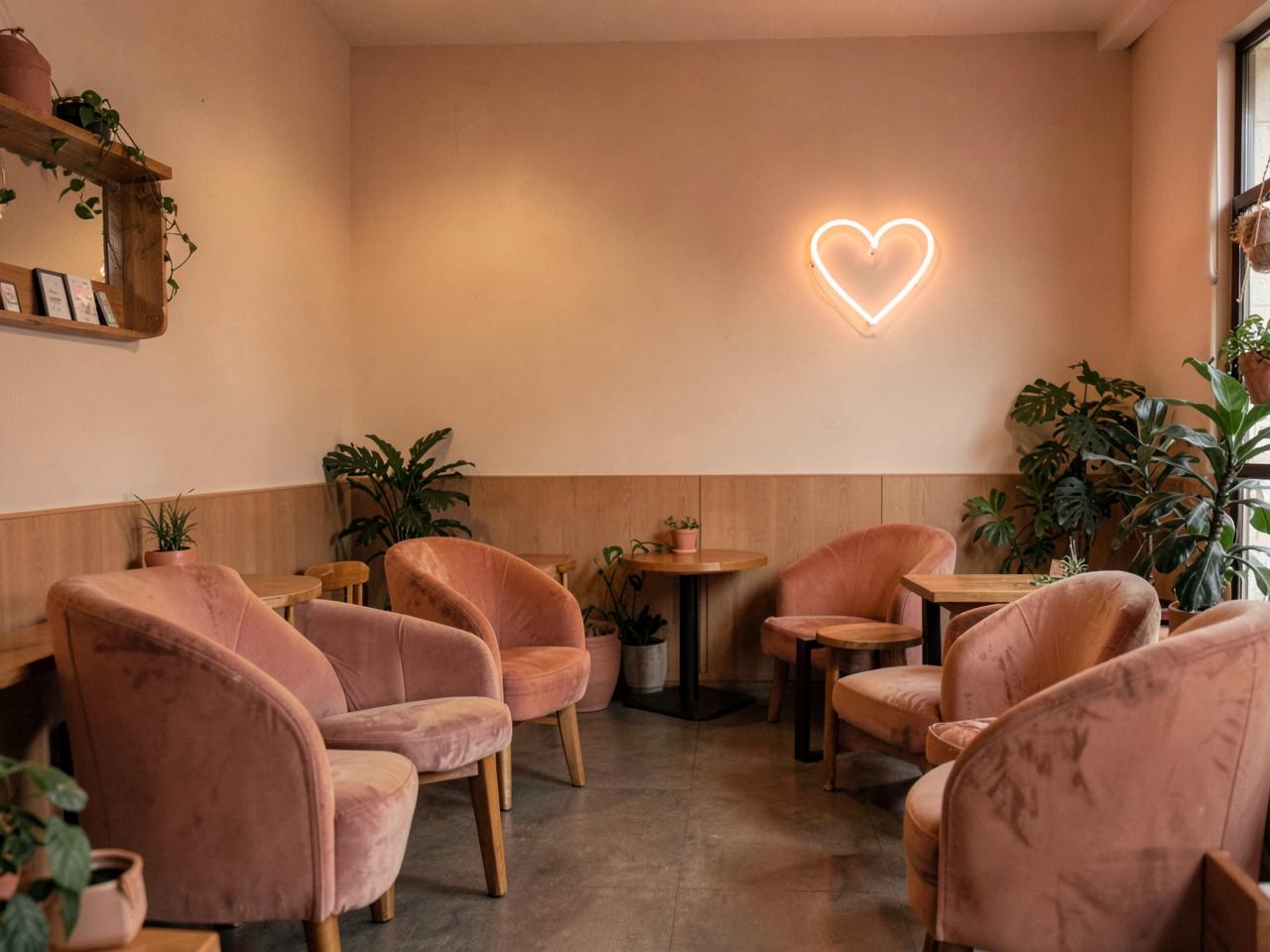 Pink cafe interior with a neon heart sign, plush pink armchairs and friends chatting