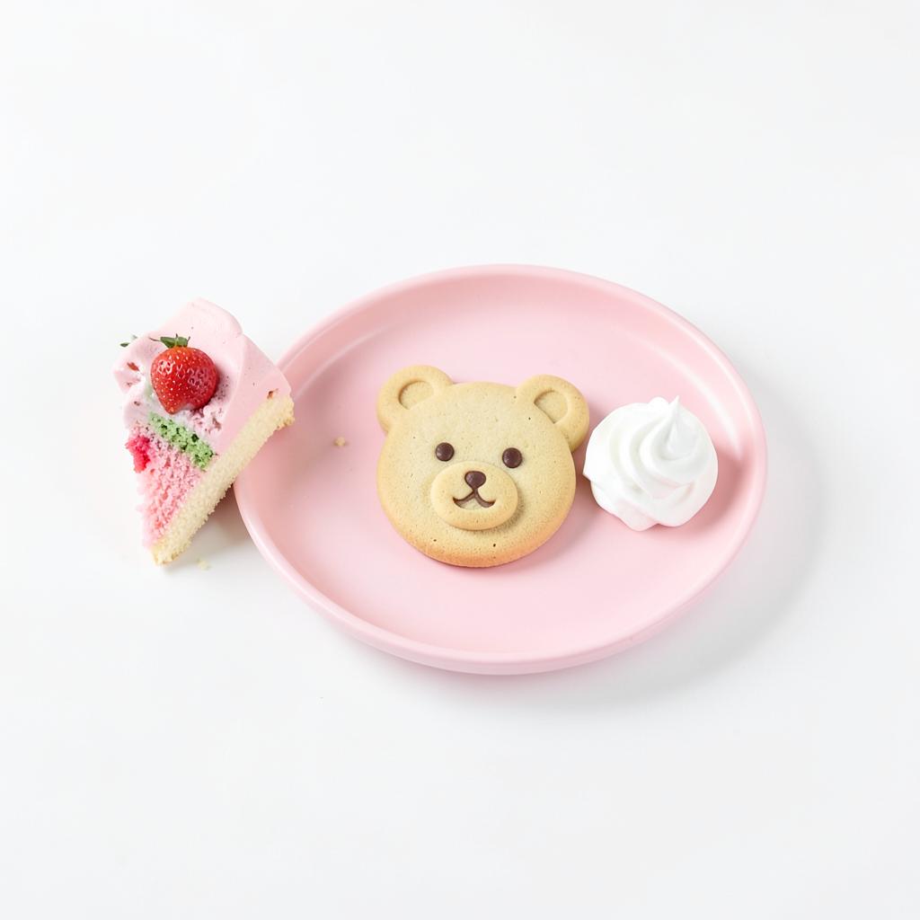 Strawberry matcha cake slice, bear-face cookie and whipped cream on a pink plate